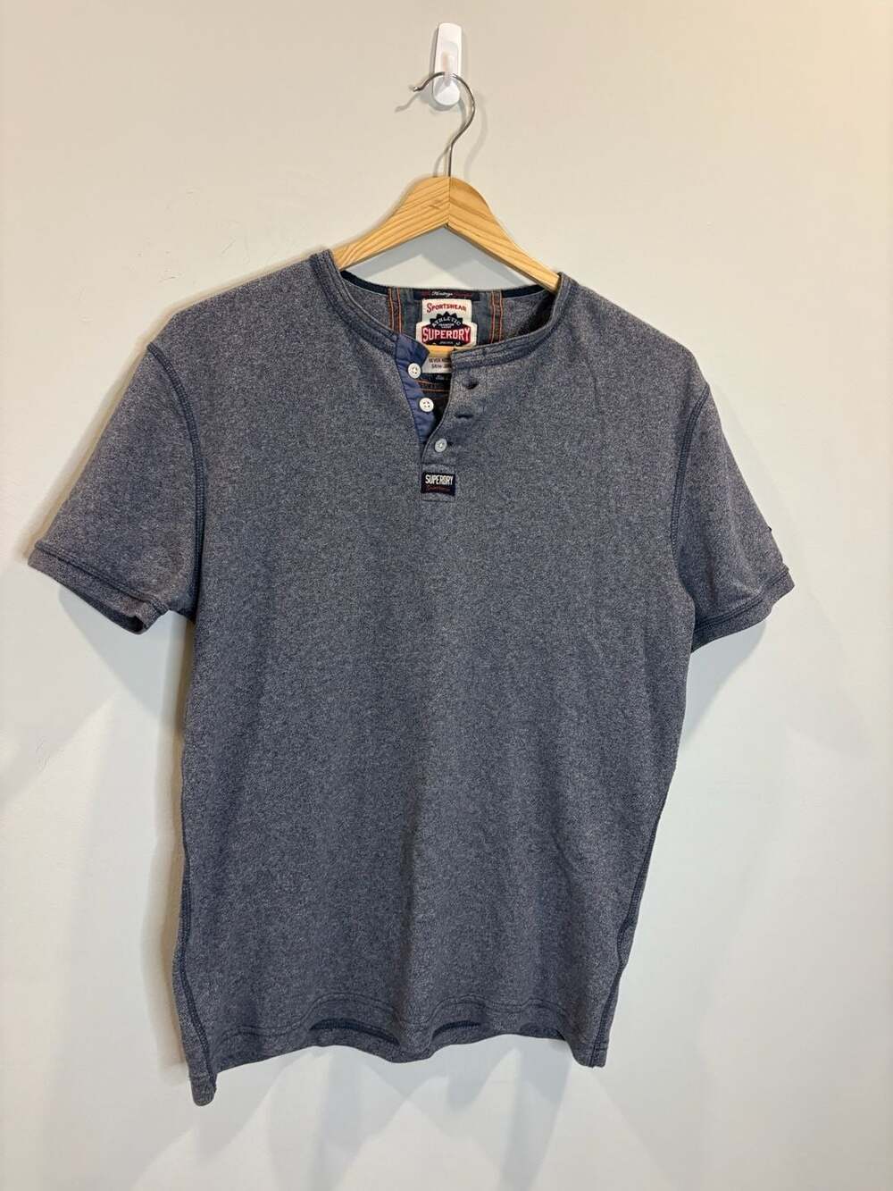 Superdry Mens Heritage Grandad Henley T-Shirt Size Large Blue